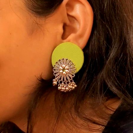 Lime Green Flower Silver Ghungroo Studs Earrings